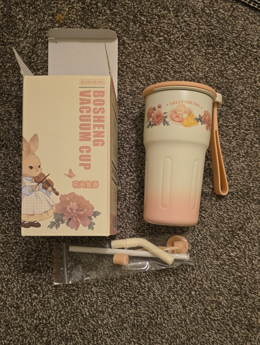 Pink Gradient Vacuum Cup with Floral 'Sweet Dreams' Accent
